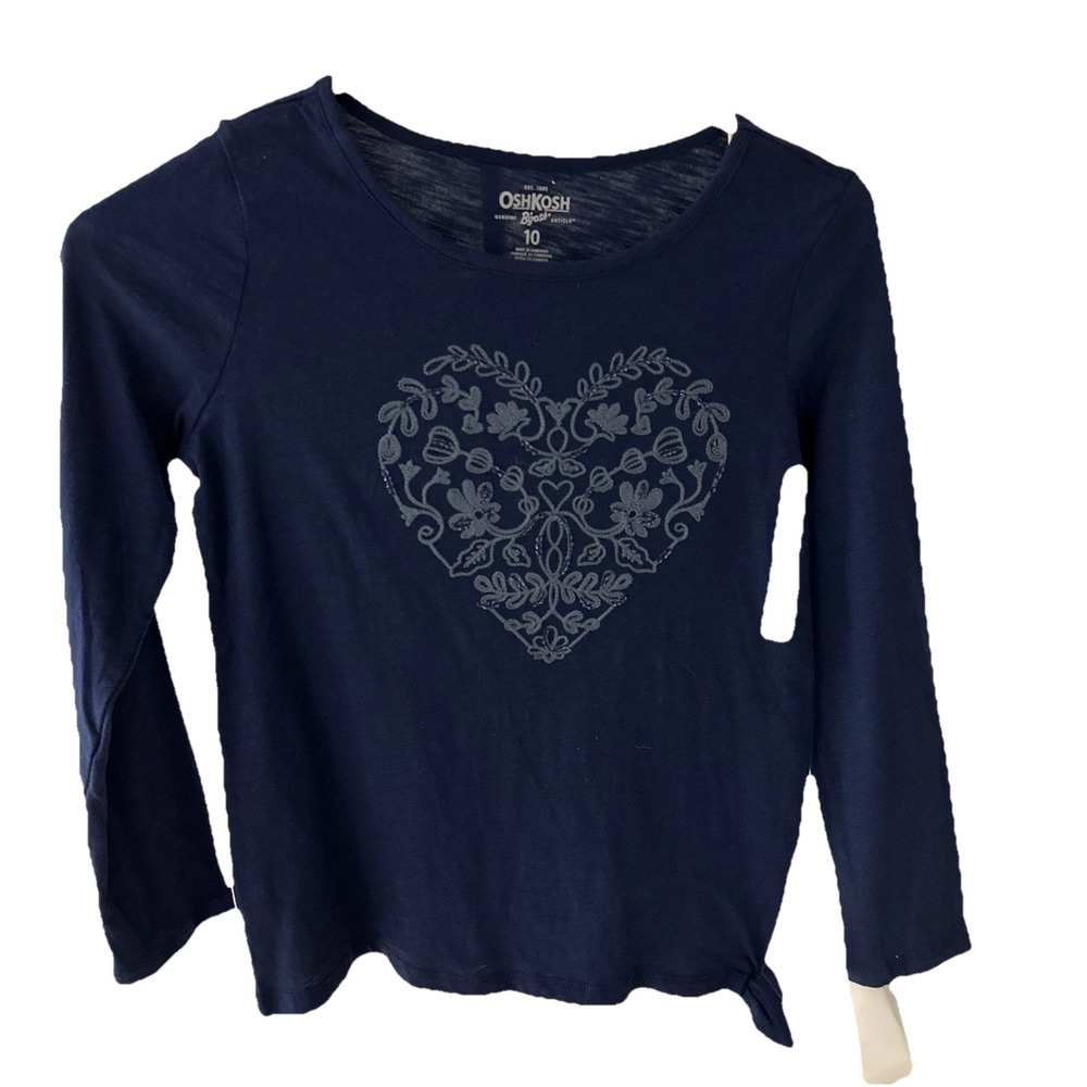 Oshkosh B'Gosh Girls Navy Blue Long-sleeved Shirt Grey Floral Heart Graph Sz 10
